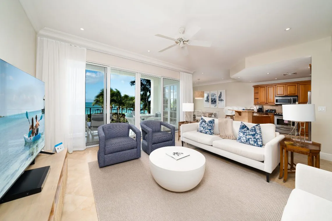 Two-Bedroom Suite Oceanfront at The Regent Grand with modern bathroom and elegant finishes in Grace Bay, Turks and Caicos.