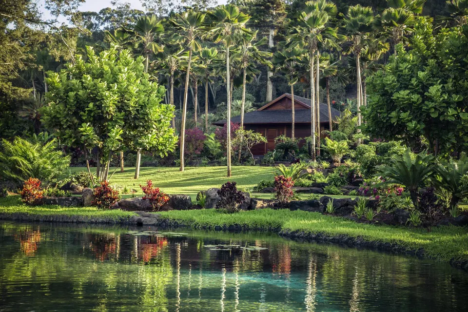 Sensei Lanai, A Four Seasons Resort luxury wellness resort with garden pathways and retreat-style architecture on Lanai, Hawaii.
