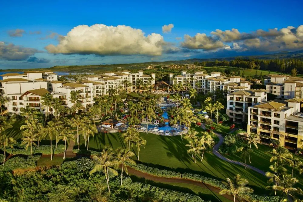 Aerial view of resort buildings, lawns and pool at The Resort at Kapalua Bay, Maui