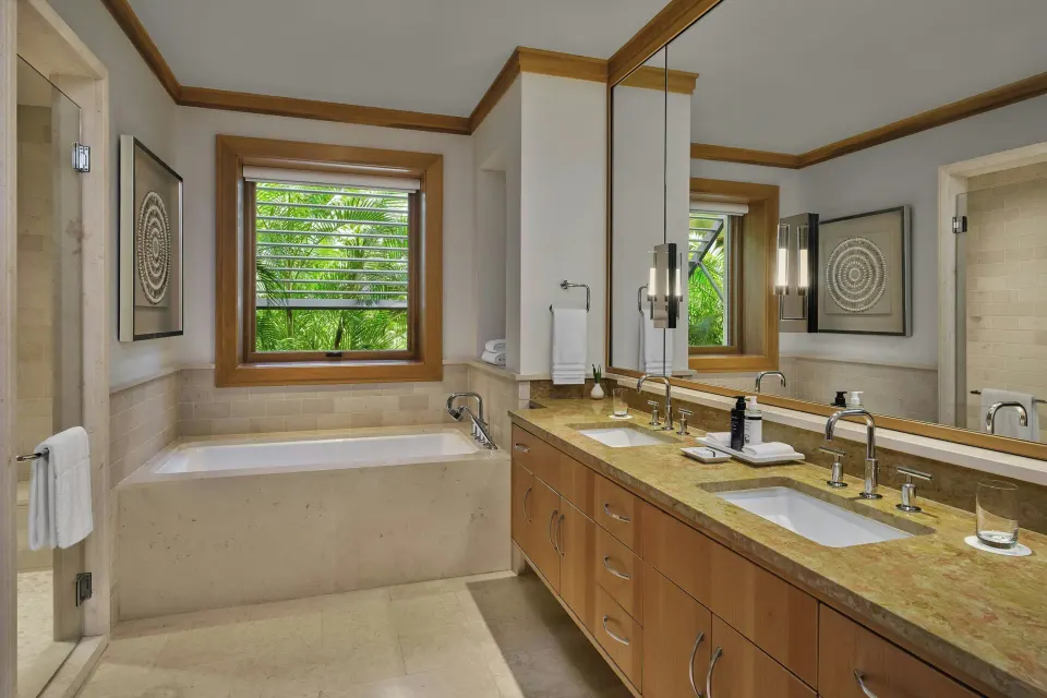 Bathroom with double sink vanity and soaking tub in a 3 Bedroom Residence at The Resort at Kapalua Bay, Maui