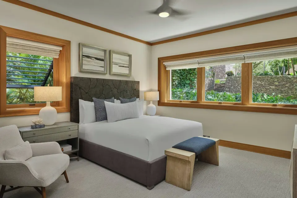 Bedroom with king bed and garden windows in a 3 Bedroom Residence at The Resort at Kapalua Bay, Maui