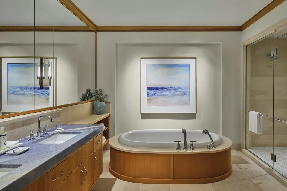 Luxurious bathroom with freestanding tub and vanity at The Resort at Kapalua Bay, Maui