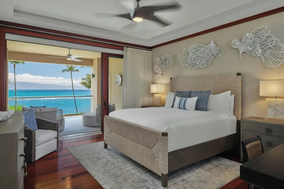 Oceanfront grand room with king bed and lanai view at The Resort at Kapalua Bay, Maui