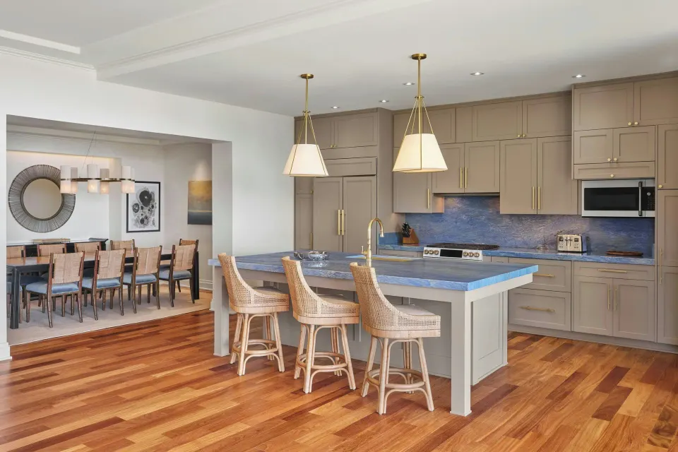 Open kitchen and dining area with island seating at The Resort at Kapalua Bay, Maui