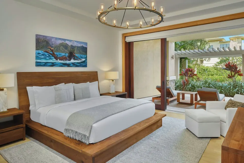 Signature 3 Bedroom Residence Garden view king bed and patio at The Resort at Kapalua Bay, Maui