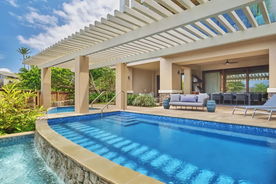 Private pool with pergola and covered lounge area at The Resort at Kapalua Bay, Maui