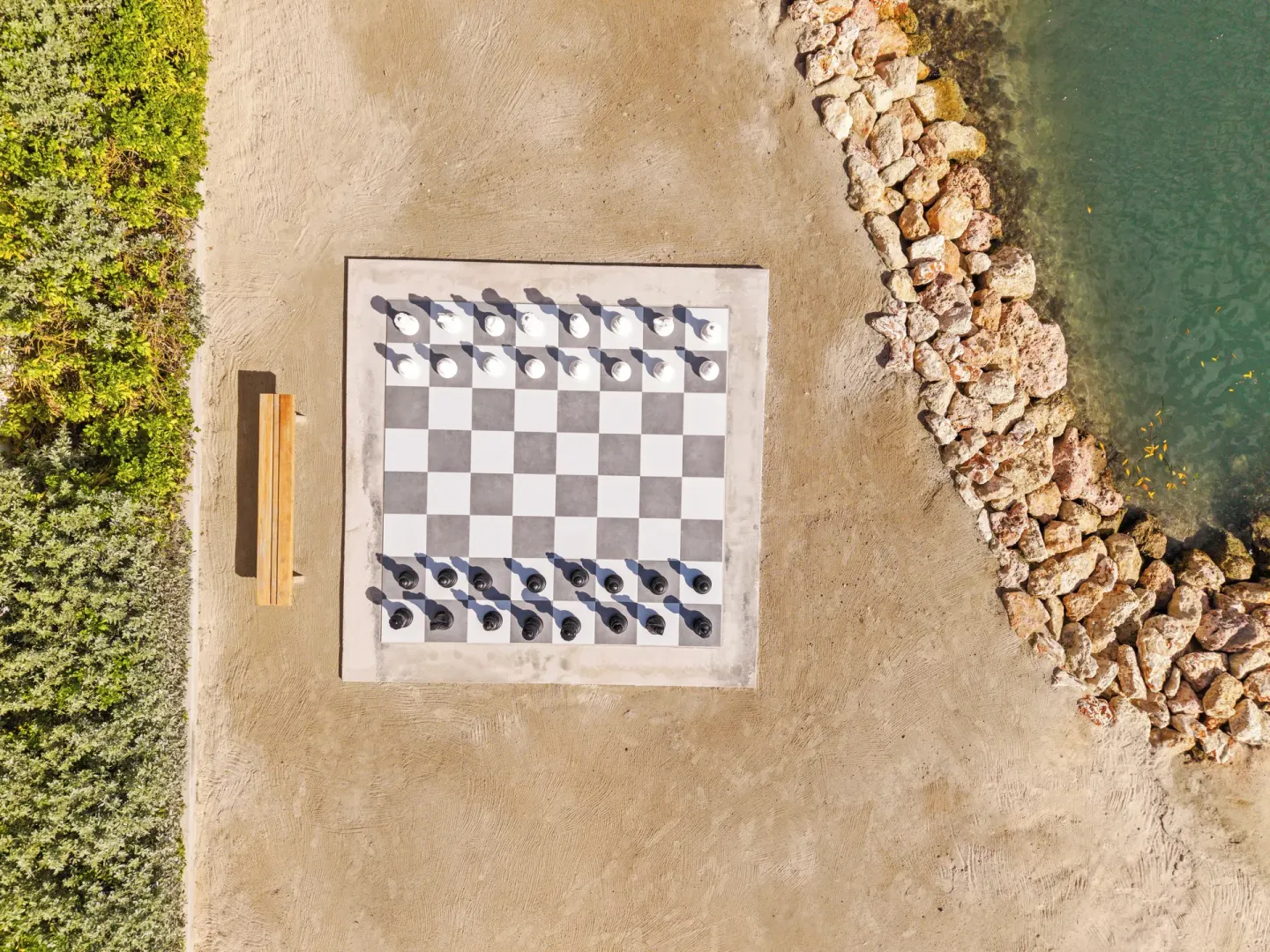 Aerial view of the beachfront chess board at The Rif at Mangrove Beach Corendon Curacao, Curio.