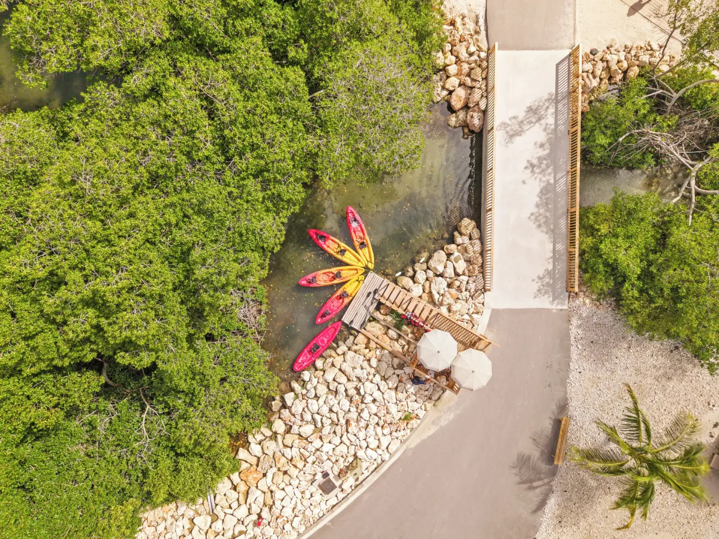 Kayaks at a mangrove launch area at The Rif at Mangrove Beach Corendon Curacao, Curio.
