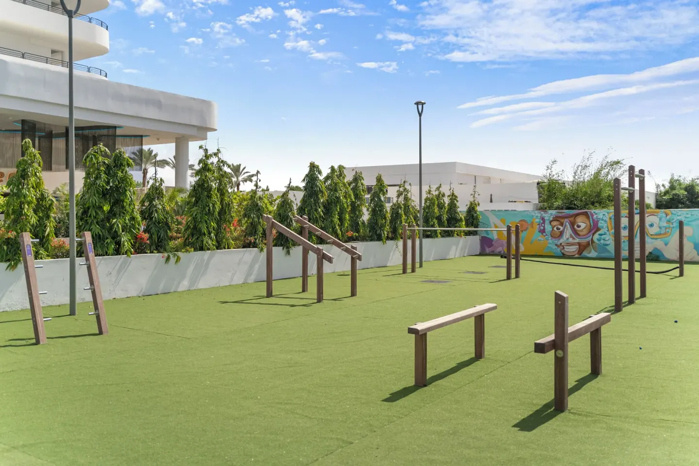 Outdoor fitness area with exercise bars at The Rif at Mangrove Beach Corendon Curacao, Curio.