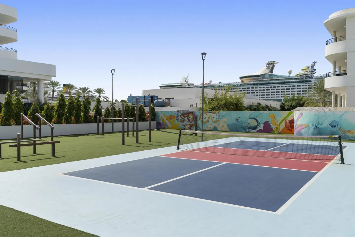 Outdoor sport court and exercise area at The Rif at Mangrove Beach Corendon Curacao, Curio.