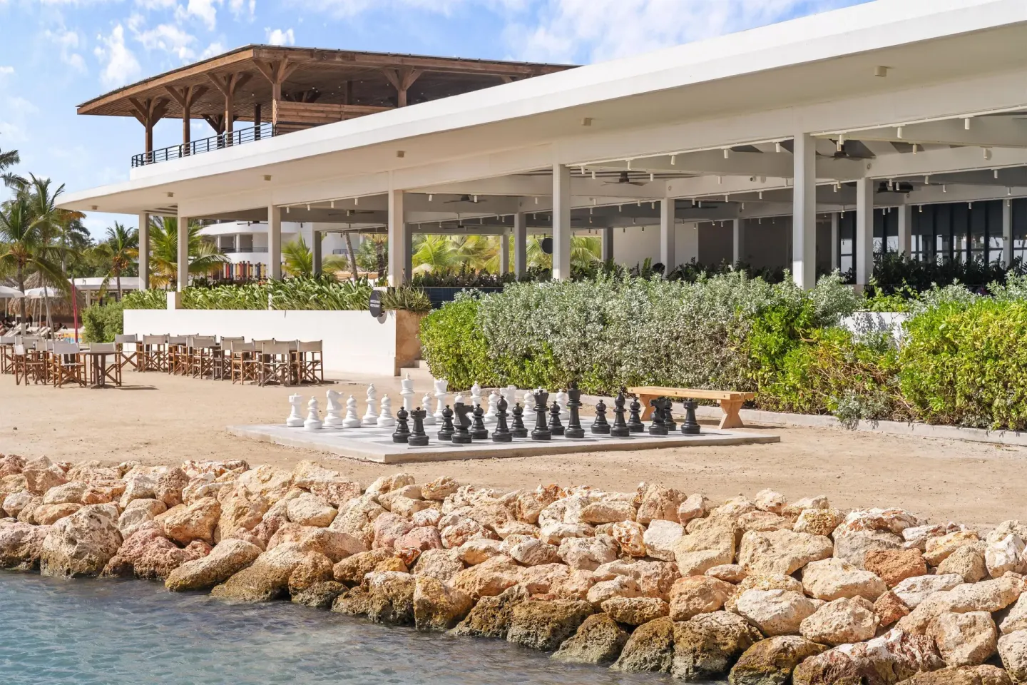 Giant outdoor chess set by the waterfront at The Rif at Mangrove Beach Corendon Curacao, Curio.