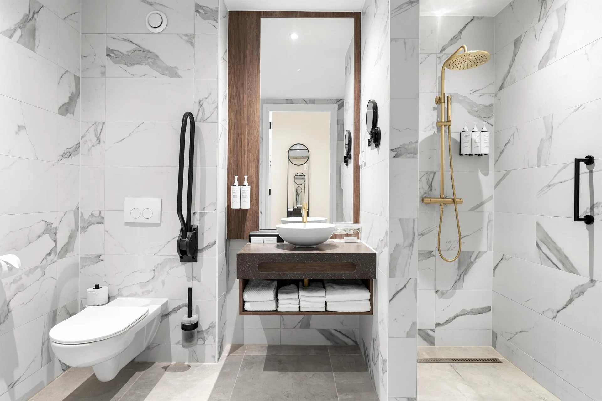 Accessible bathroom with roll-in shower at The Rif at Mangrove Beach Corendon Curacao, Curio.