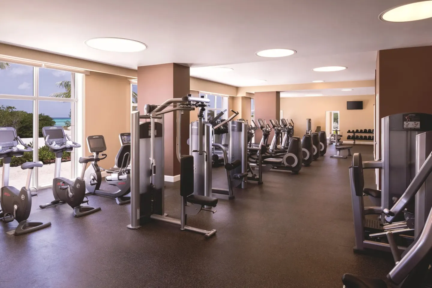 Fitness center with cardio machines and weights at The Ritz-Carlton, Aruba.