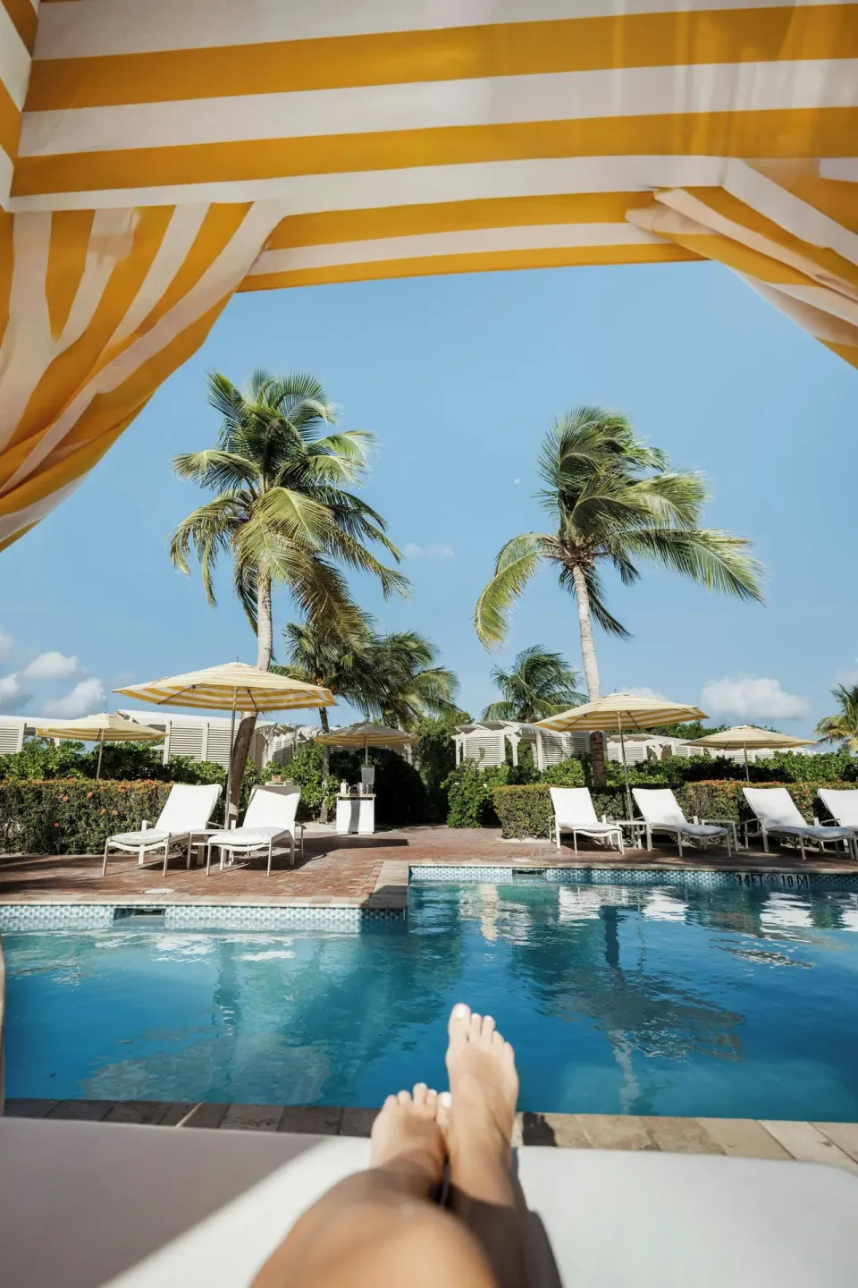 View from a shaded cabana across the pool and palm trees at The Ritz-Carlton, Aruba.