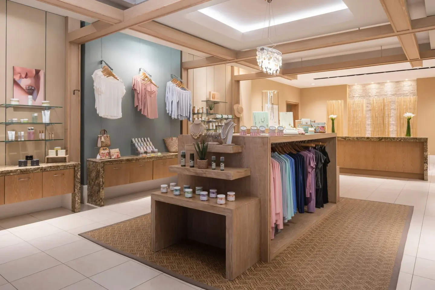 Spa retail boutique with apparel and skincare displays at The Ritz-Carlton, Aruba.