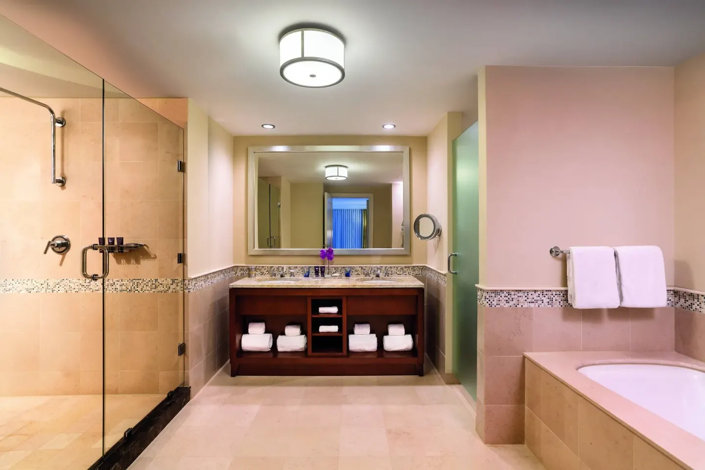 Guest room bathroom with glass shower, tub, and vanity at The Ritz-Carlton, Aruba.