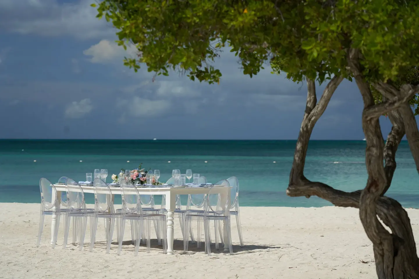 Beachside table with clear chairs under a tree at The Ritz-Carlton, Aruba.