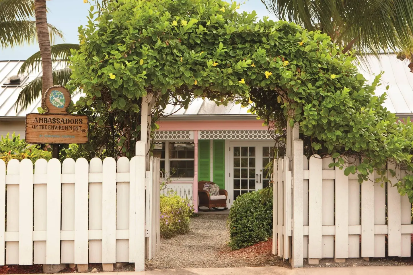 Garden gate and Ambassadors of the Environment cottage at The Ritz-Carlton, Grand Cayman.