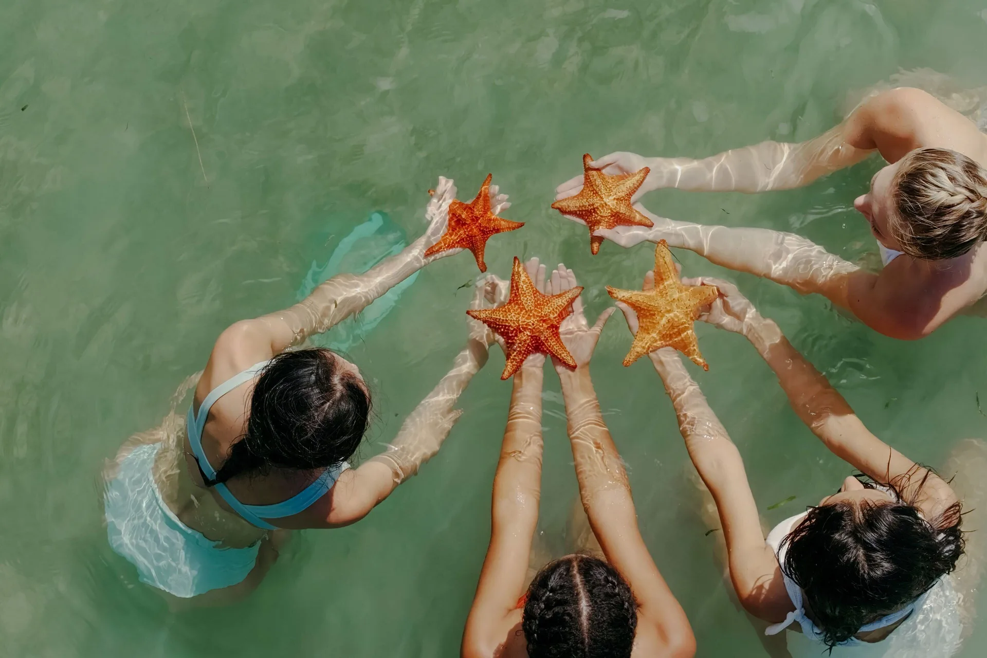 Children hold starfish in shallow water at The Ritz-Carlton, Grand Cayman.