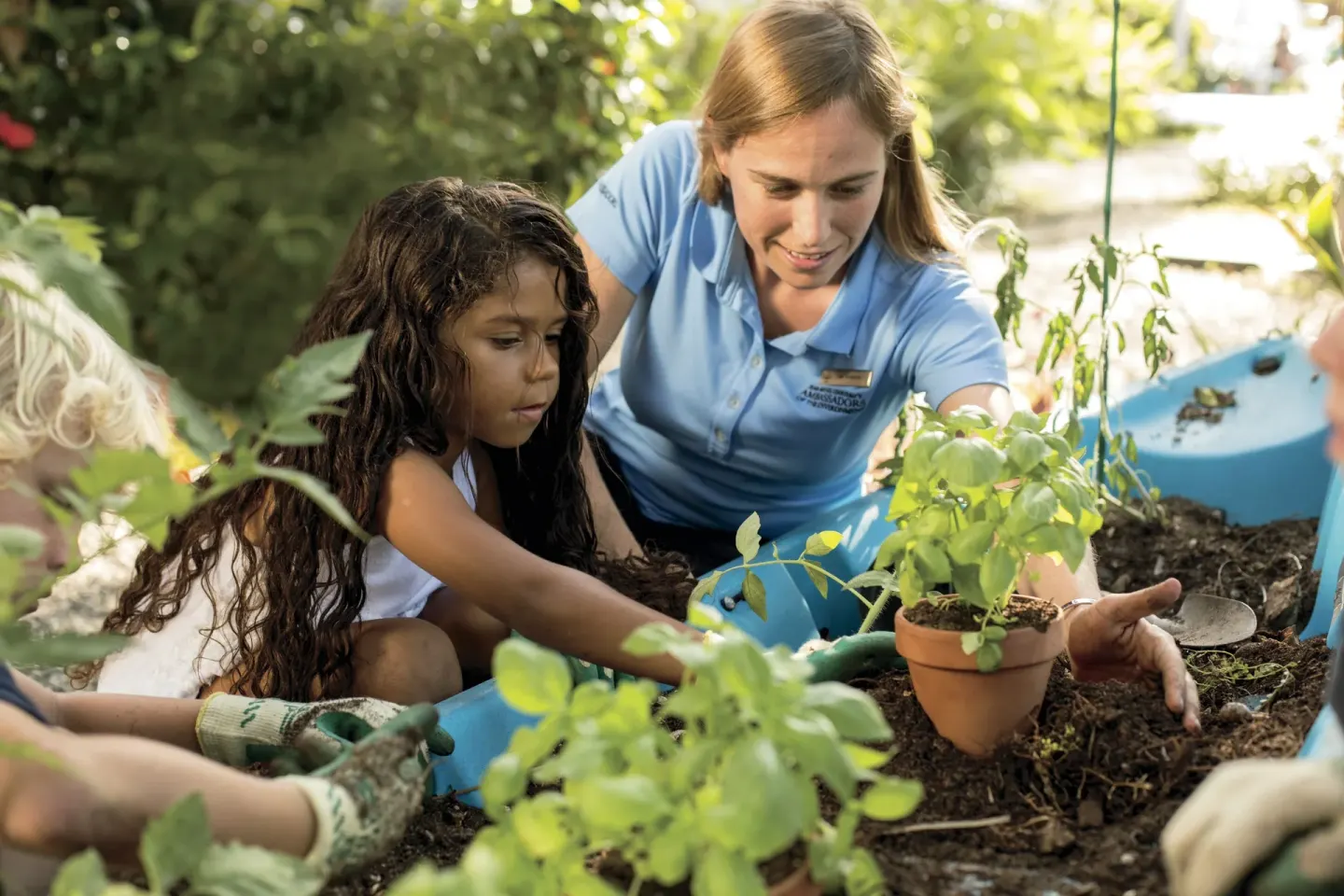 Staff member guides children planting herbs in a garden at The Ritz-Carlton, Grand Cayman.