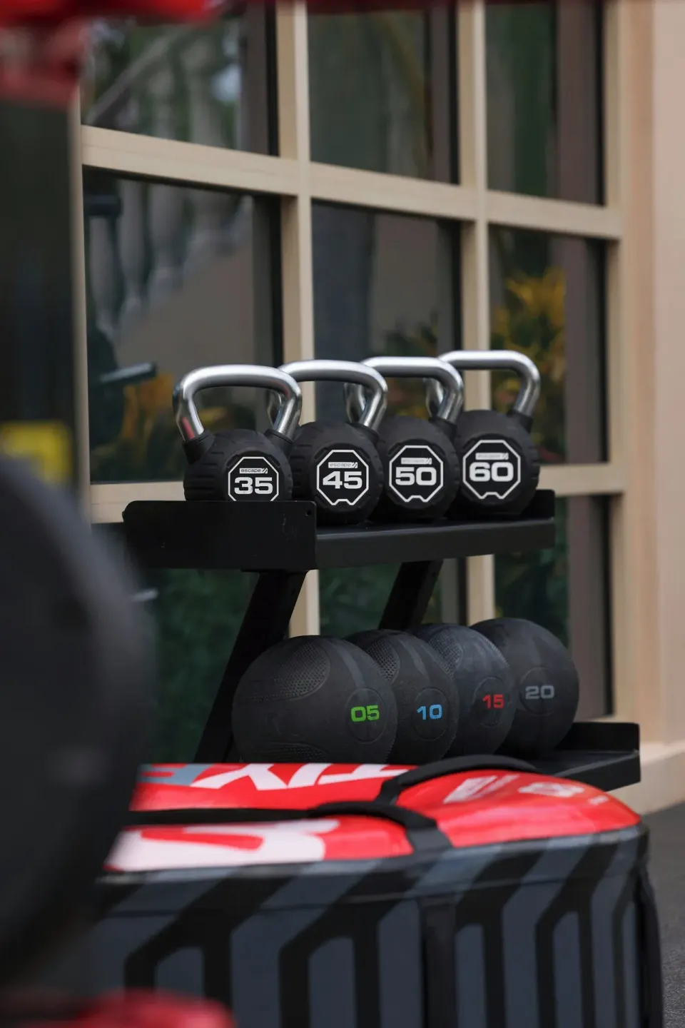 Kettlebells and medicine balls in the fitness area at The Ritz-Carlton, Grand Cayman.