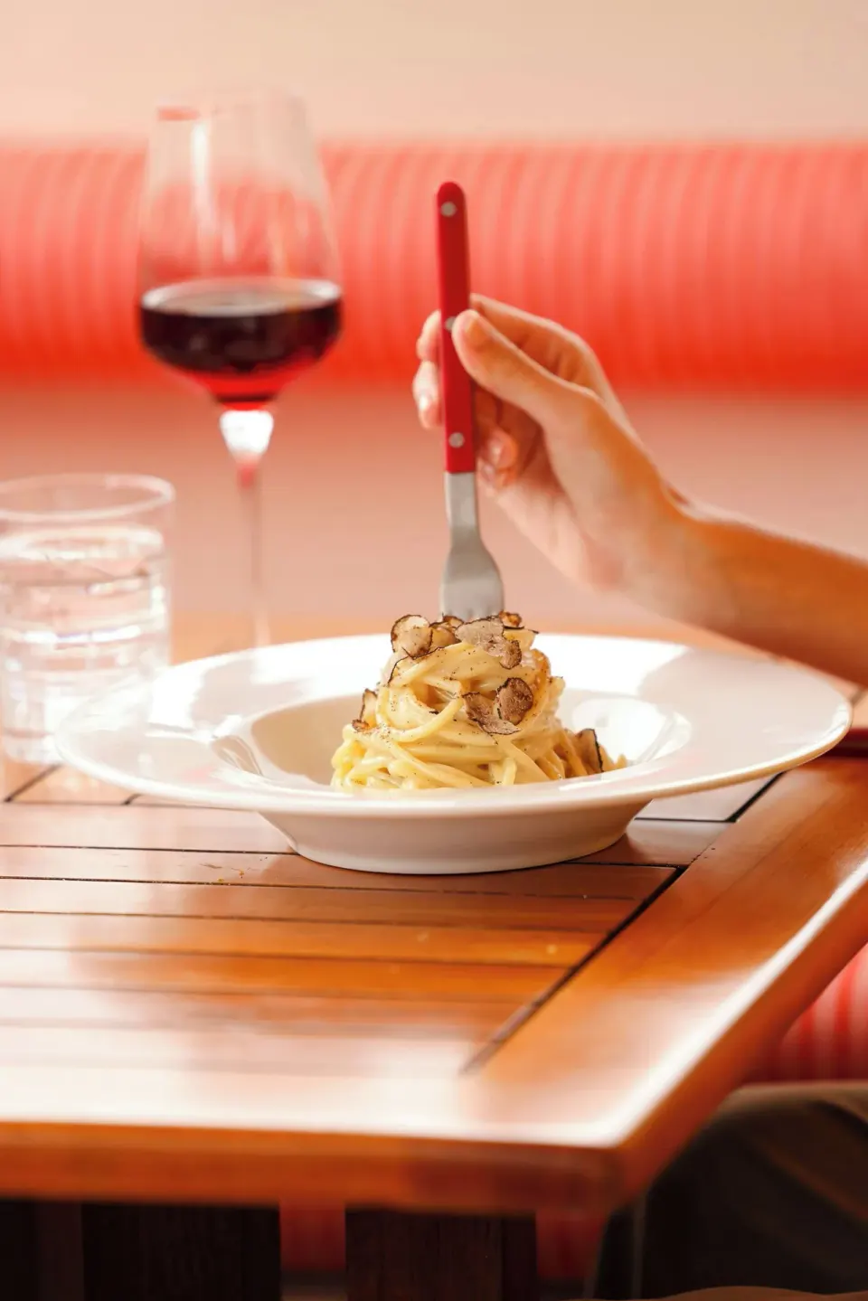 Pasta dish with wine at The Ritz-Carlton, Grand Cayman.