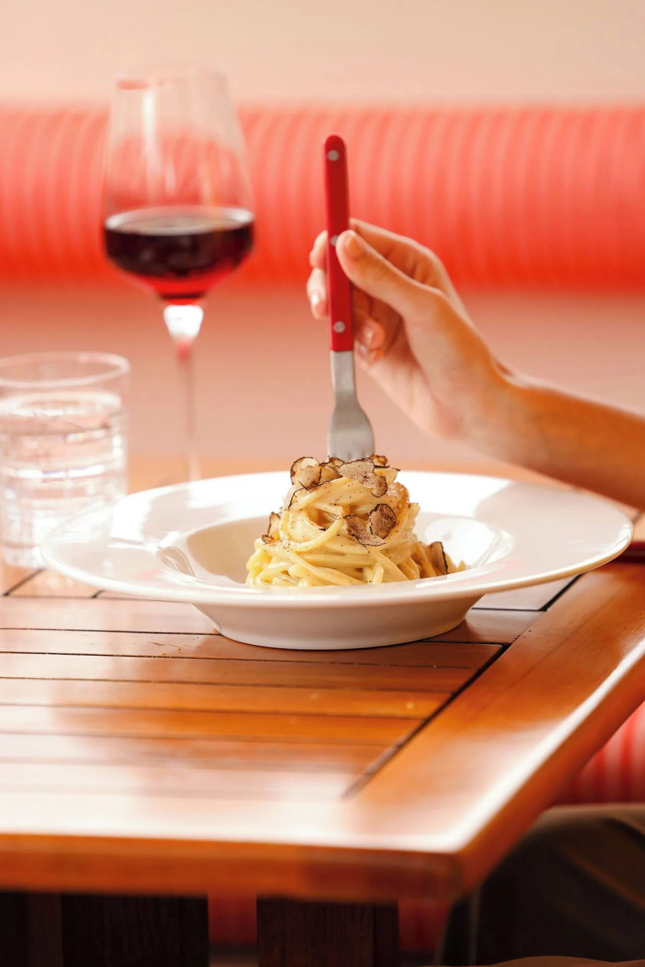 Pasta dish with wine at The Ritz-Carlton, Grand Cayman.