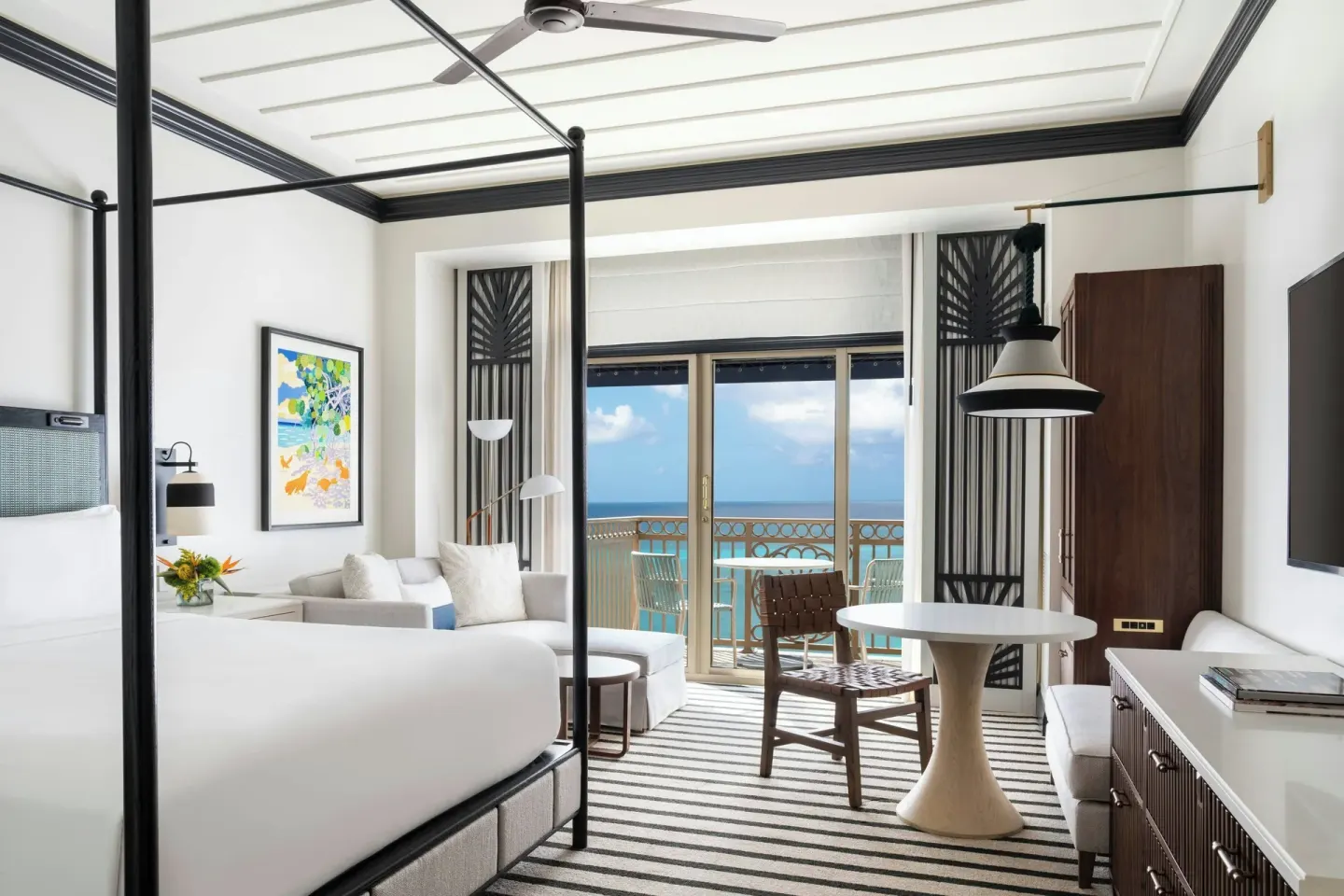 Oceanfront king room with balcony doors and sea view at The Ritz-Carlton, Grand Cayman.