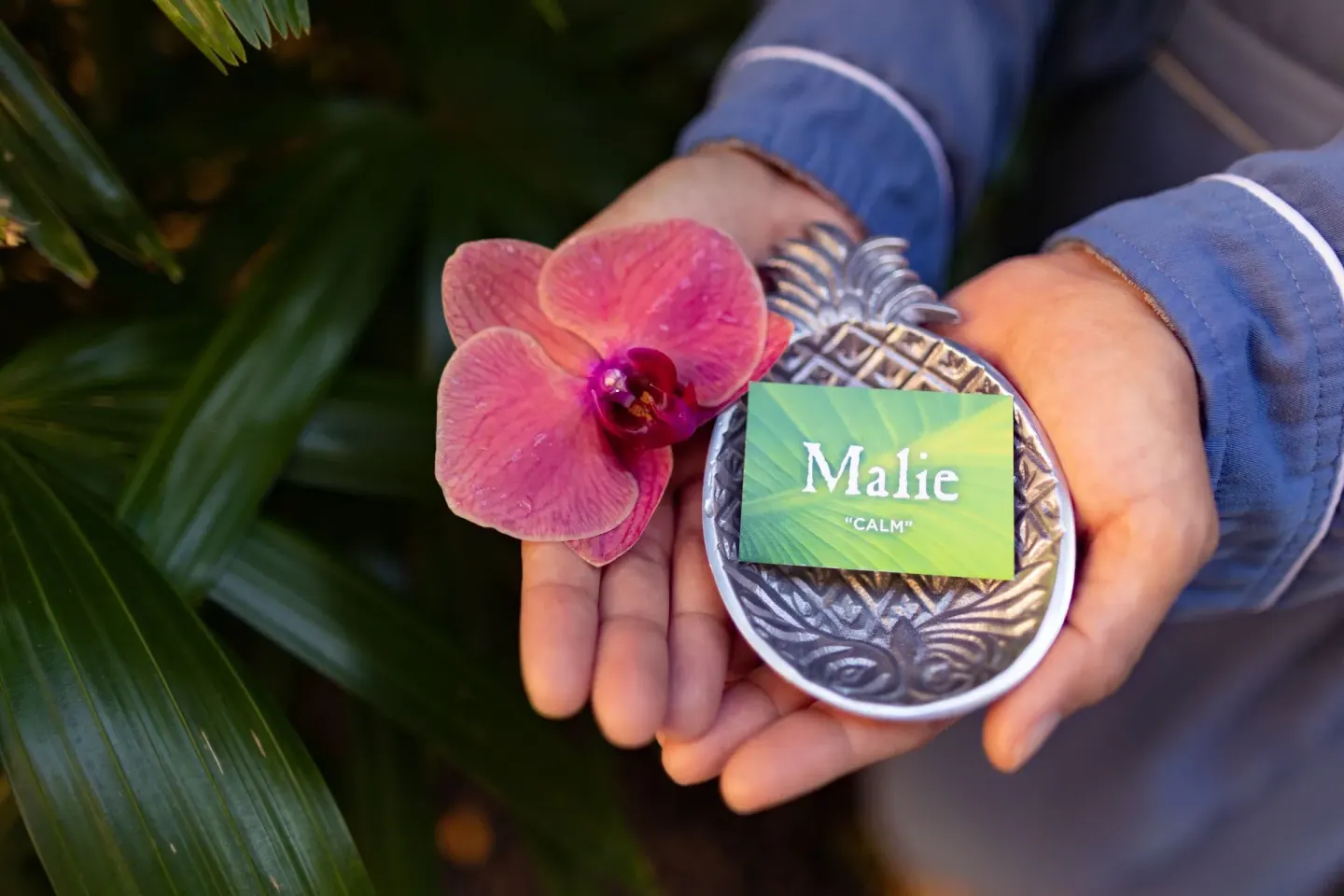 Hands hold an orchid and welcome amenity at The Ritz-Carlton Maui, Kapalua.