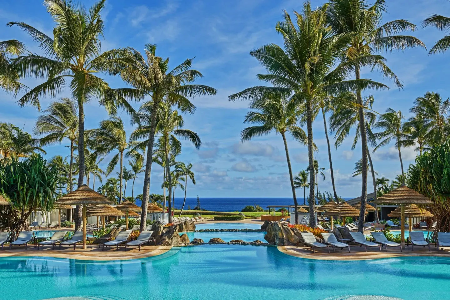 Resort pool with palm trees and ocean beyond at The Ritz-Carlton Maui, Kapalua.