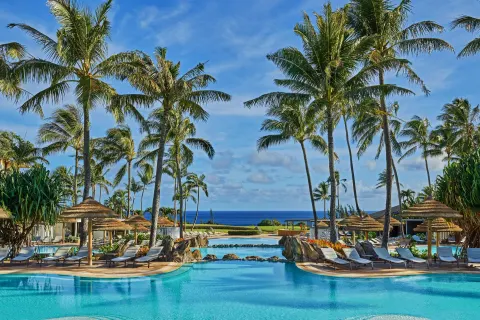 Resort pool with palm trees and ocean beyond at The Ritz-Carlton Maui, Kapalua.