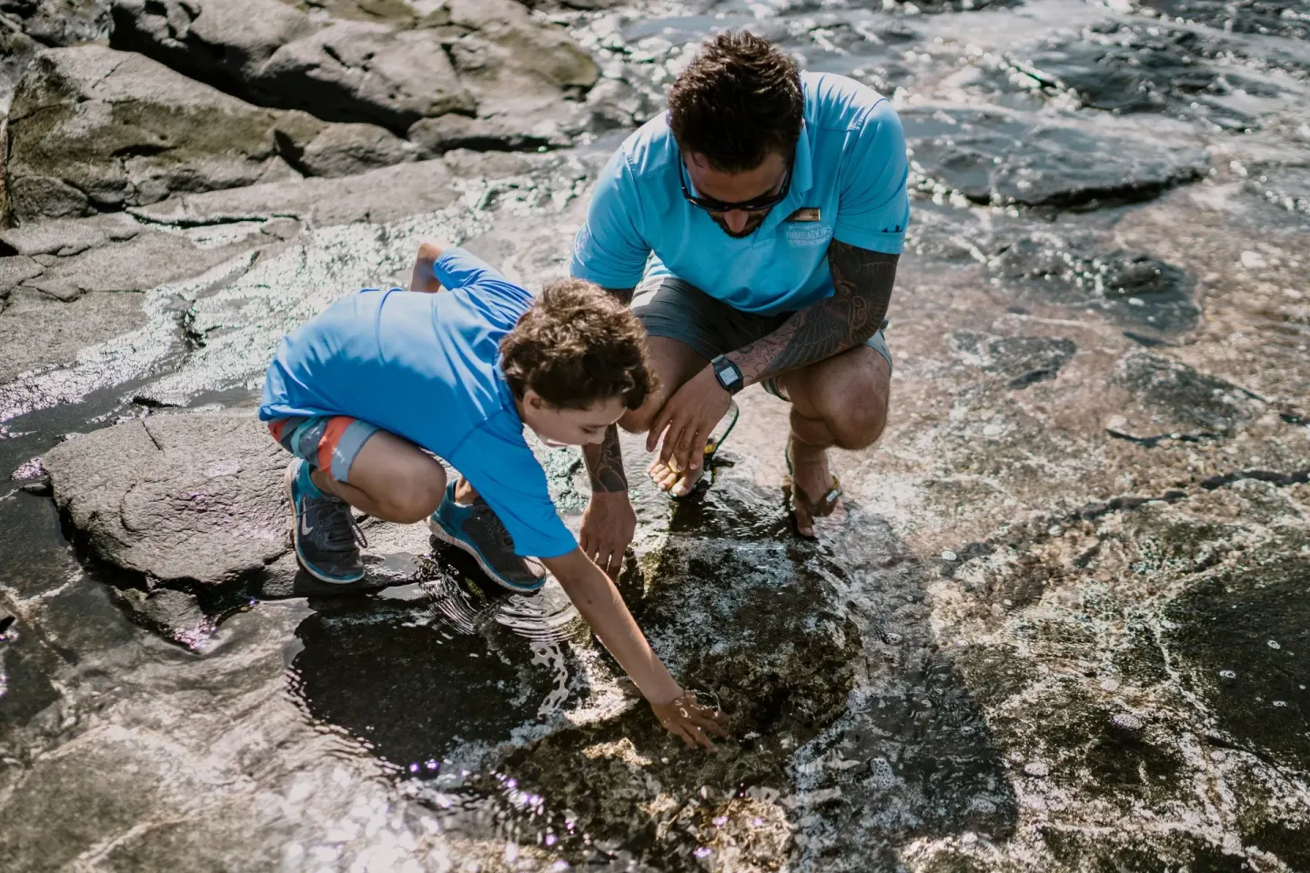 Adult and child exploring tide pools at The Ritz-Carlton Maui, Kapalua.