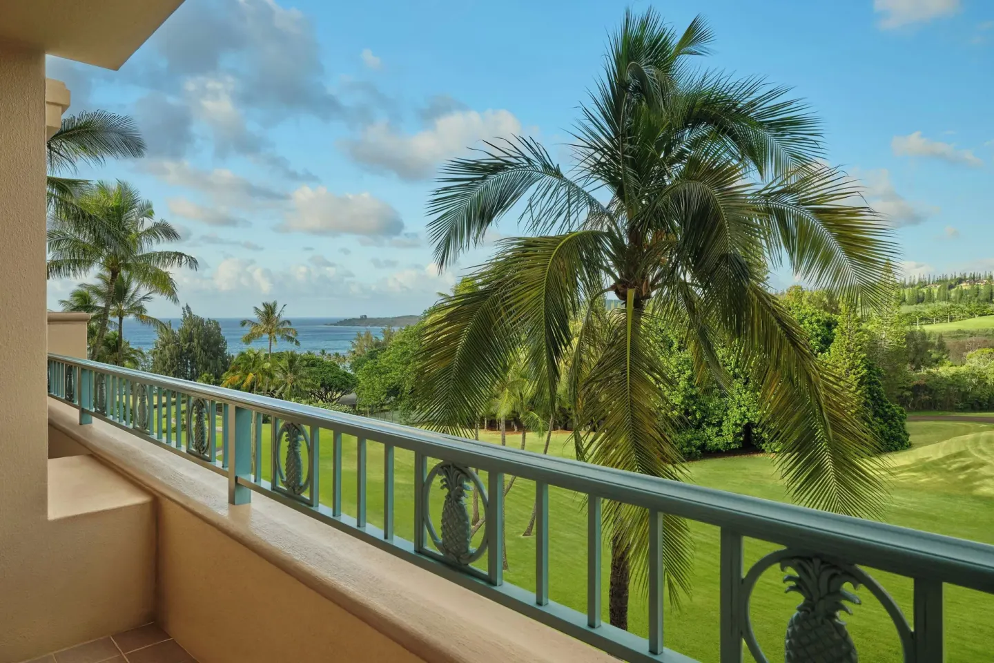 Balcony railing with palm trees, lawn and ocean beyond at The Ritz-Carlton Maui, Kapalua.