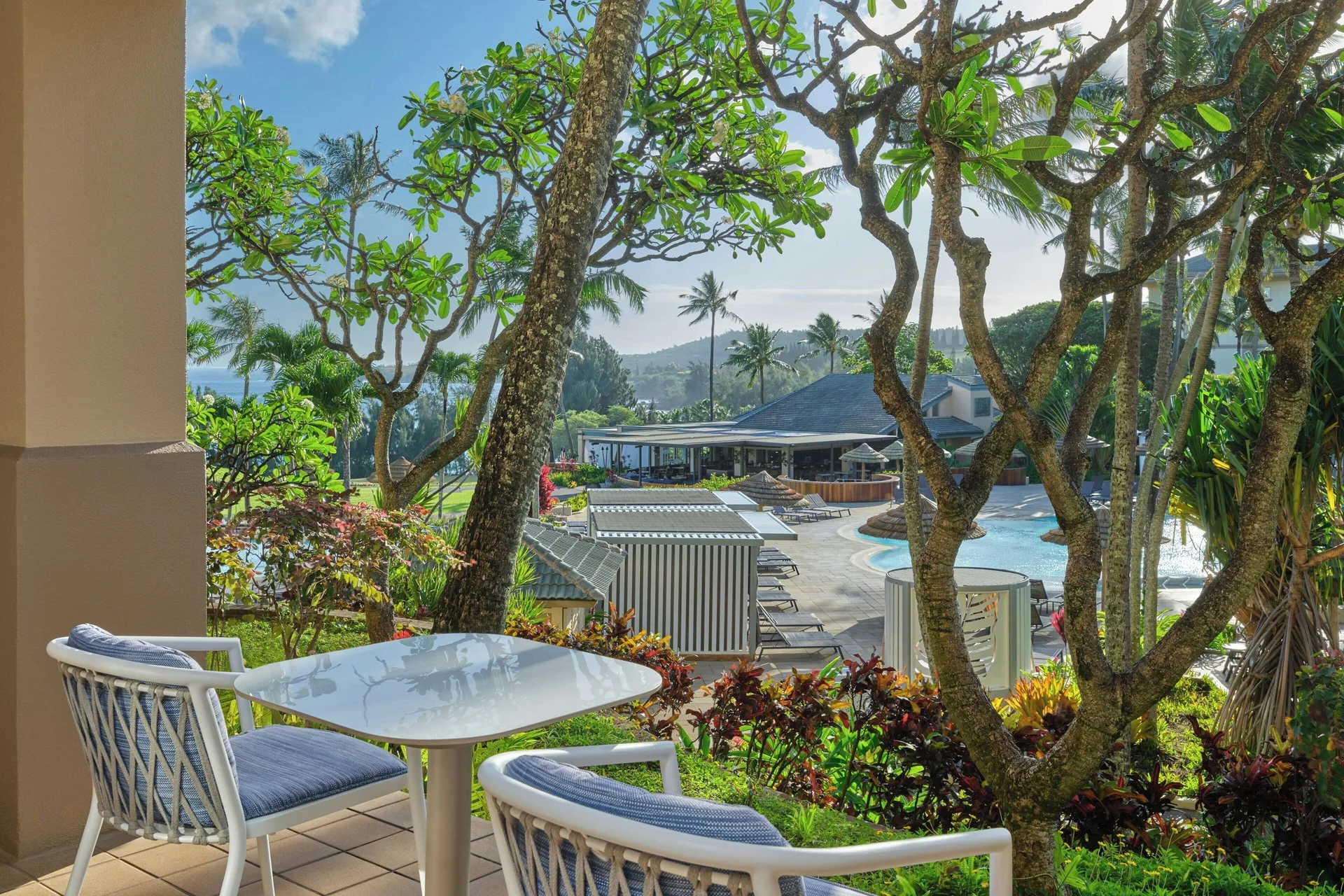 Deluxe Room Lanai Resort View at The Ritz-Carlton Maui Kapalua with furnished lanai and tropical resort views.