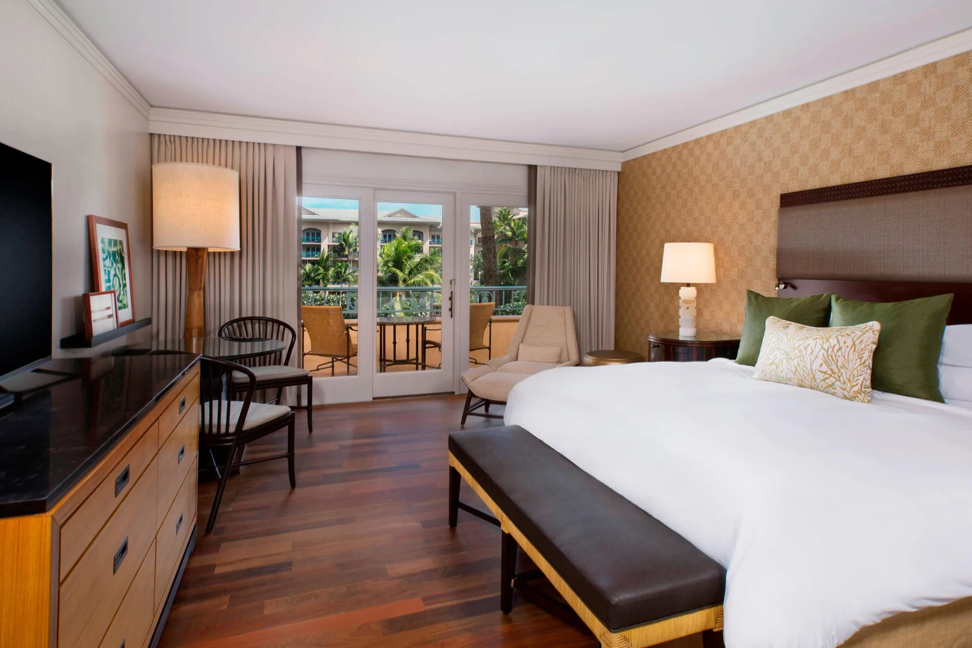 Deluxe Room Lanai Partial Ocean View Mobility Accessible with king bed at The Ritz-Carlton Maui Kapalua featuring modern accessible design.