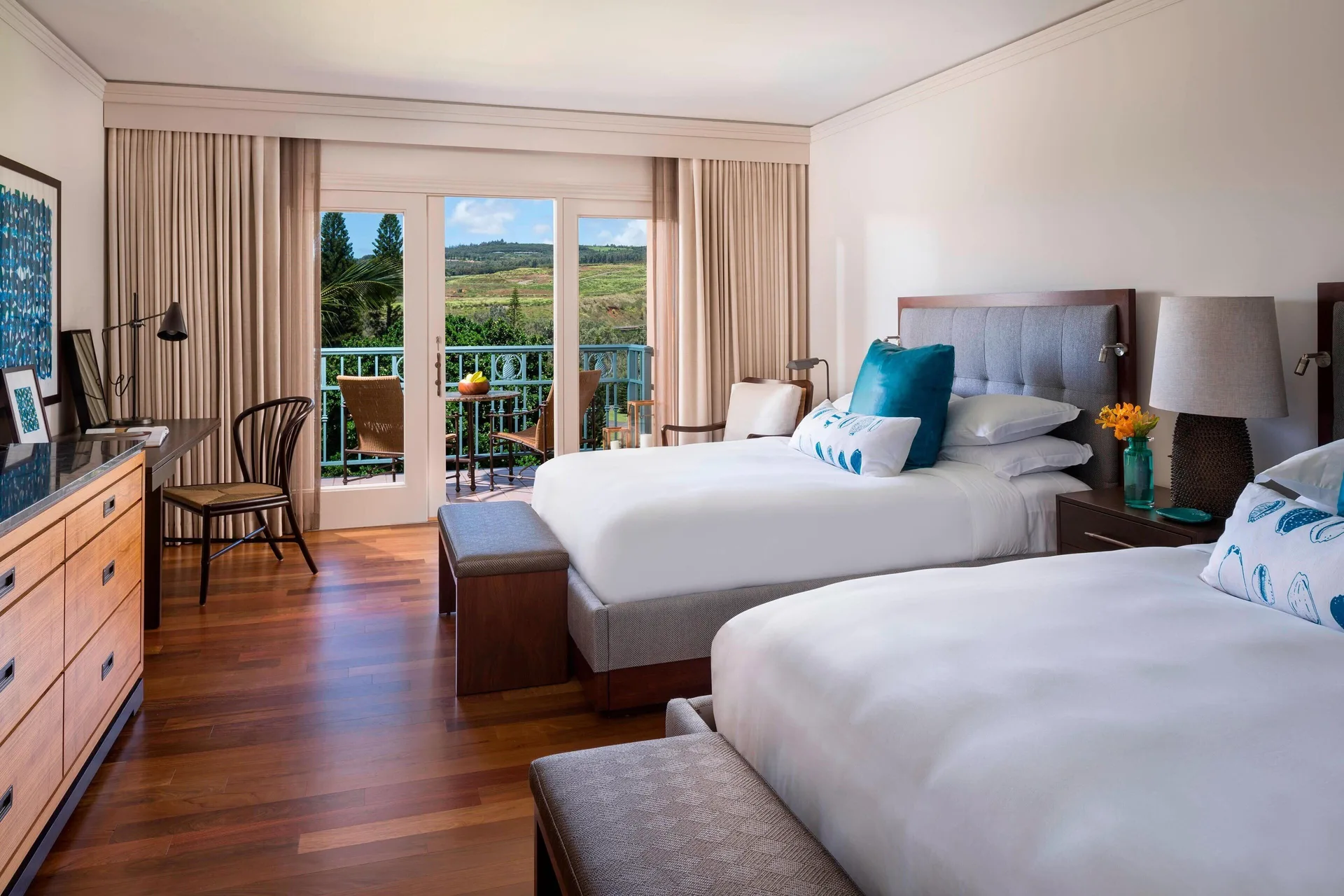 Deluxe Resort View room with two beds and lanai at The Ritz-Carlton Maui, Kapalua.