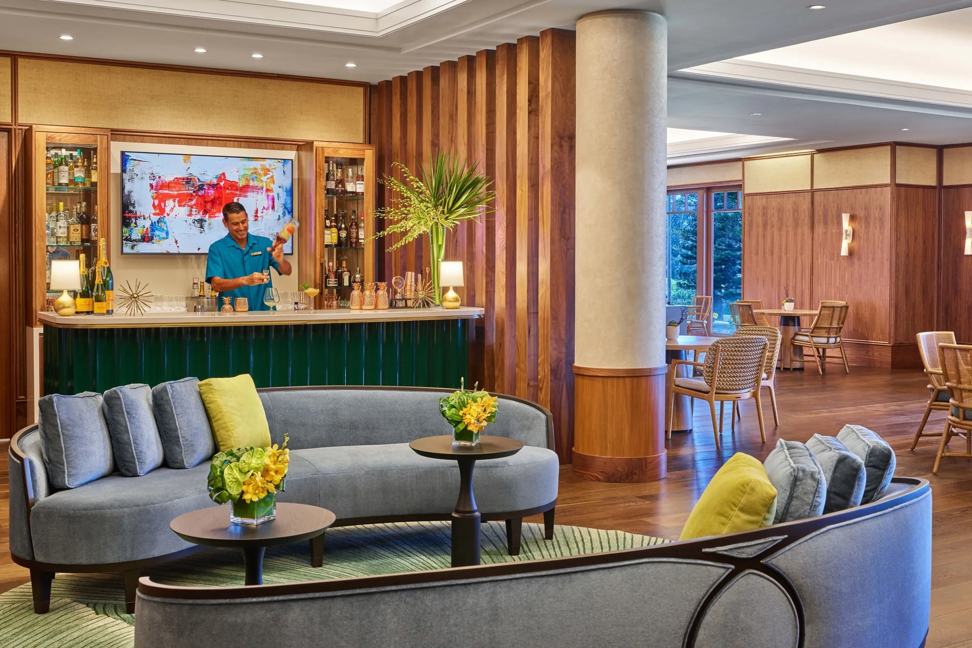 Fire Lanai 1 Bedroom Suite Oceanfront with sofa bed and Club Lounge access at The Ritz-Carlton Maui Kapalua featuring elegant bar area and Pacific views.