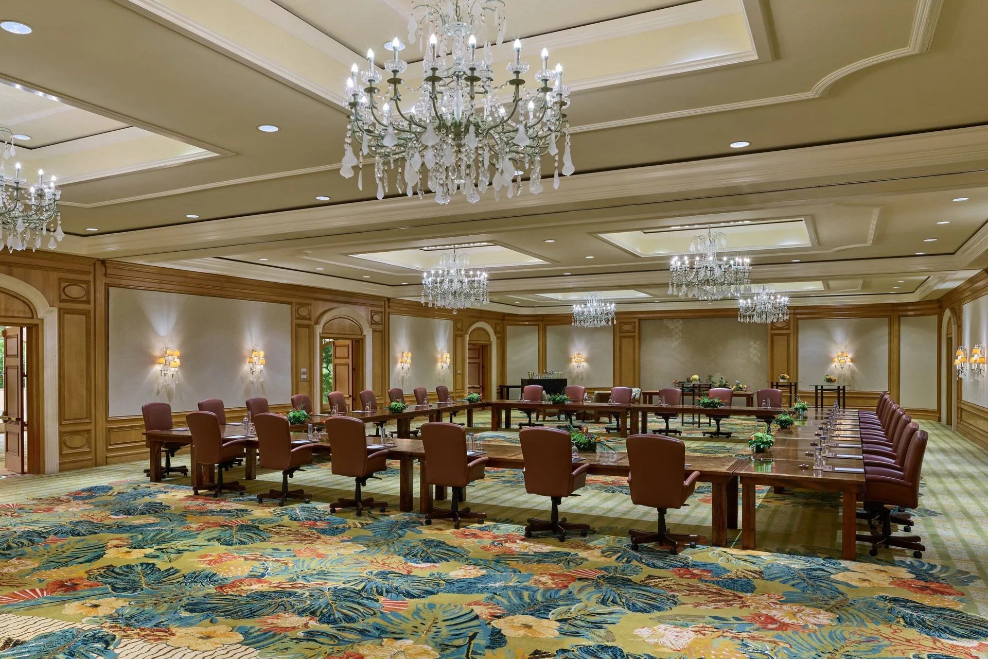 Ballroom meeting room with U-shaped tables at The Ritz-Carlton Maui, Kapalua.