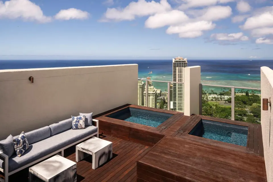 Ocean-view terrace with plunge pools at The Ritz-Carlton Residences, Waikiki Beach.