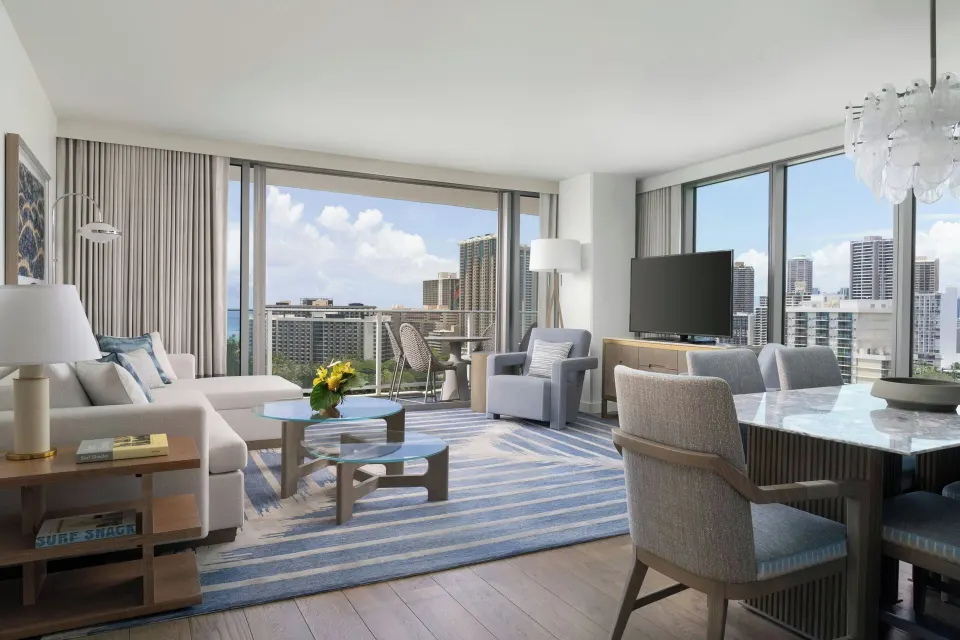 Deluxe two-bedroom ocean-view suite living area at The Ritz-Carlton Residences, Waikiki Beach.