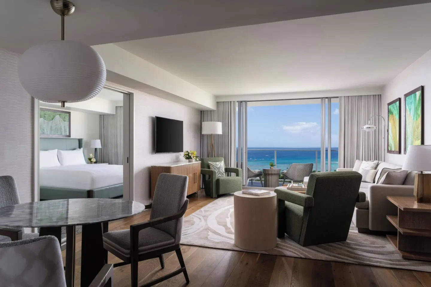 Grand Suite one-bedroom ocean-view living room and bedroom at The Ritz-Carlton Residences, Waikiki Beach.