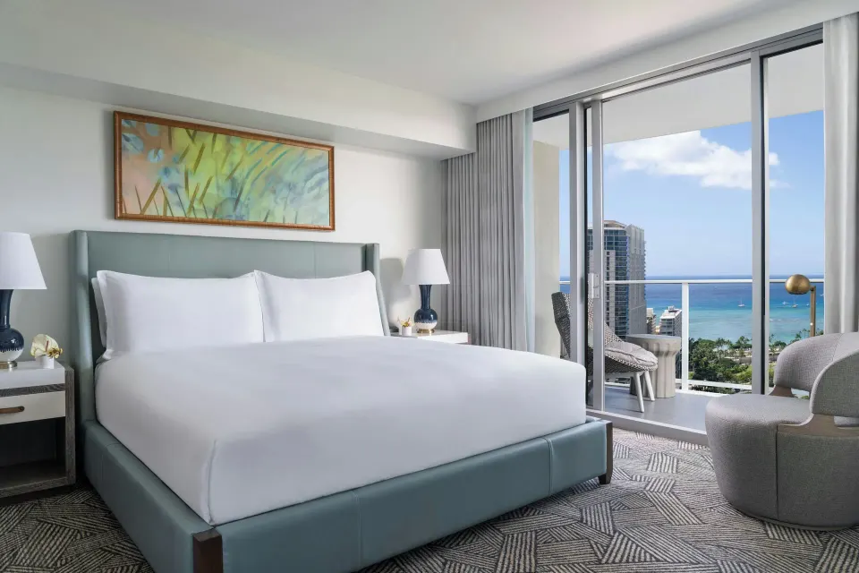 Ocean-view bedroom in a Grand Suite at The Ritz-Carlton Residences, Waikiki Beach.