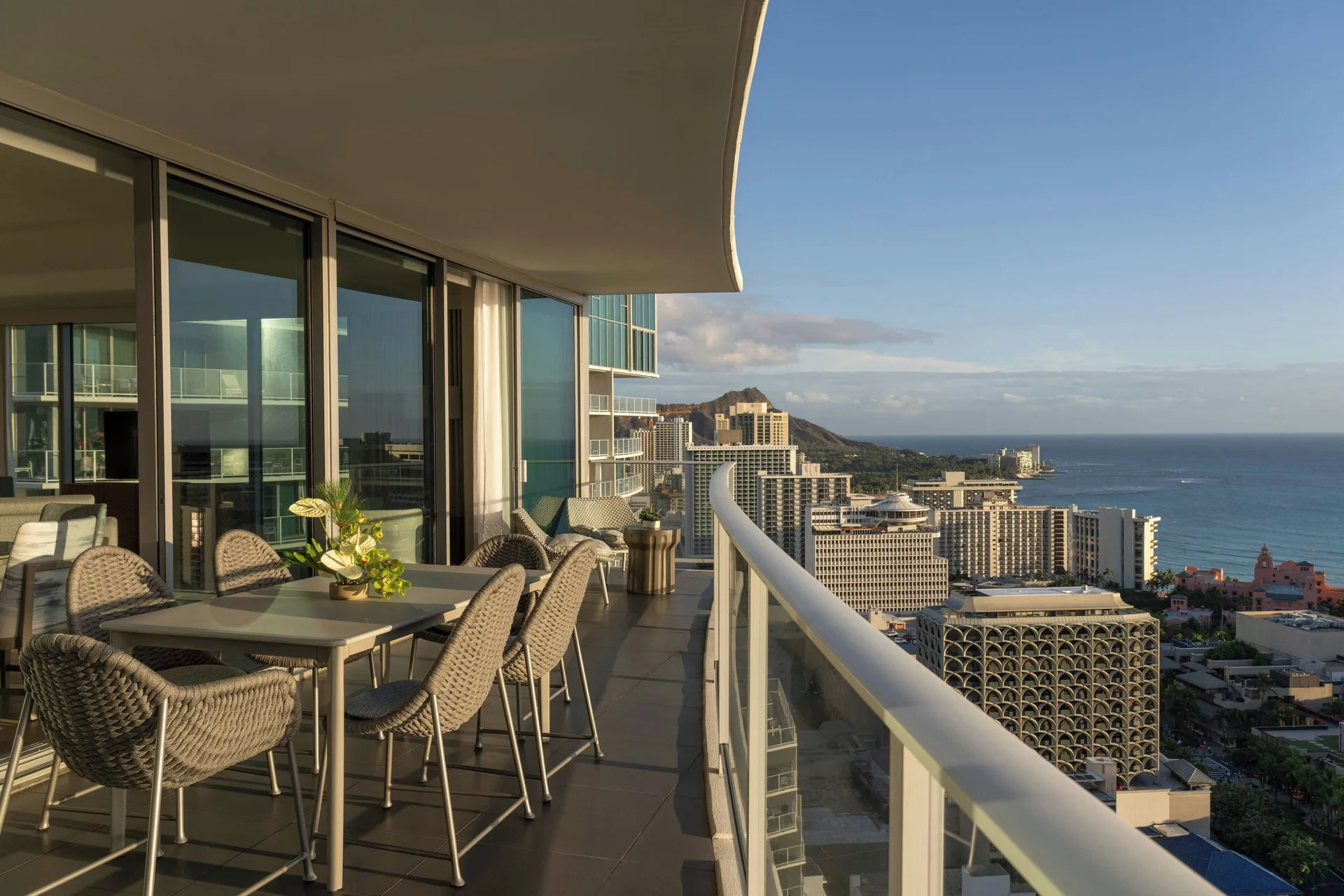 Sky Three-Bedroom Suite balcony with ocean and Diamond Head view at The Ritz-Carlton Residences, Waikiki Beach.