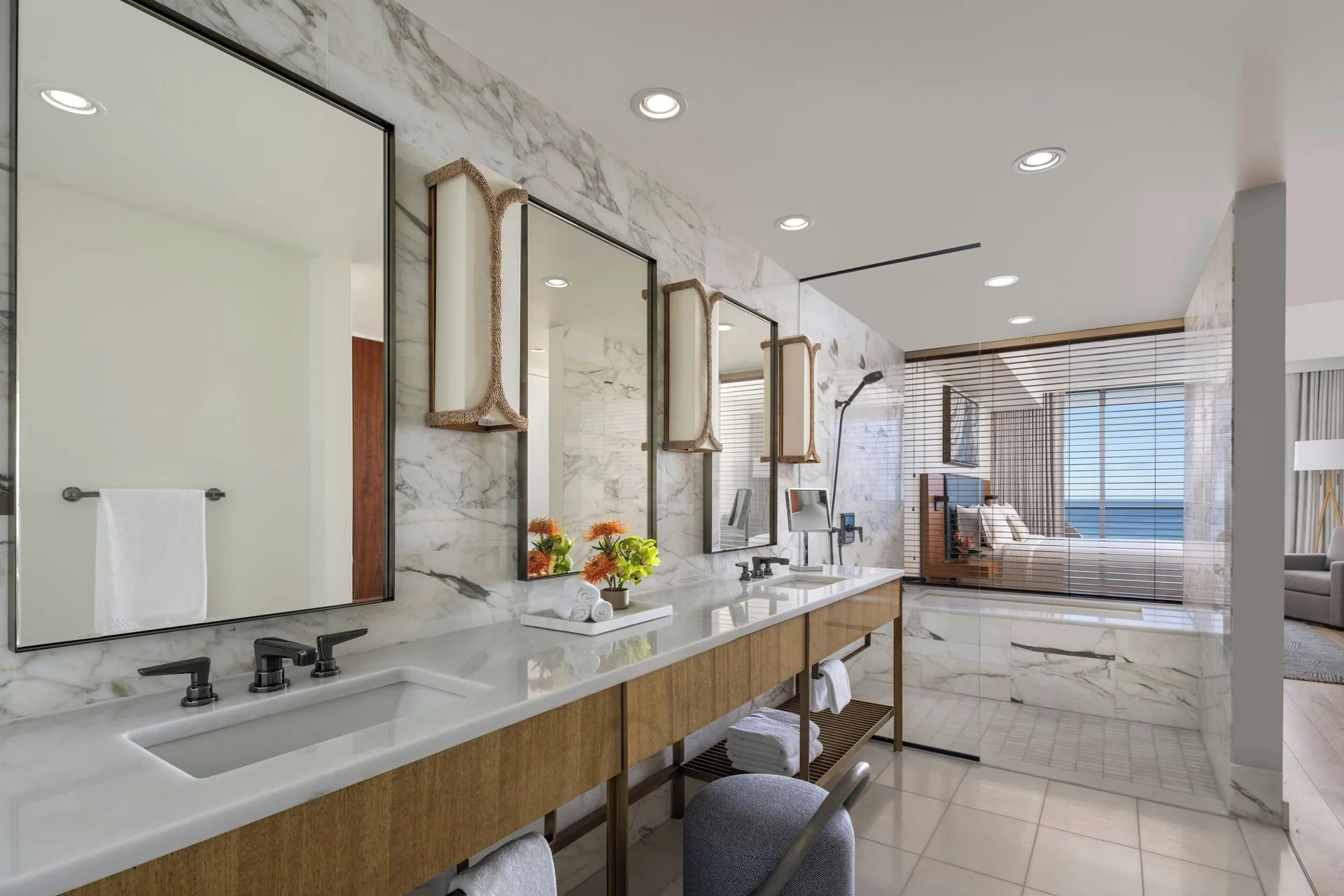 Sky Three-Bedroom Suite marble bathroom vanity at The Ritz-Carlton Residences, Waikiki Beach.