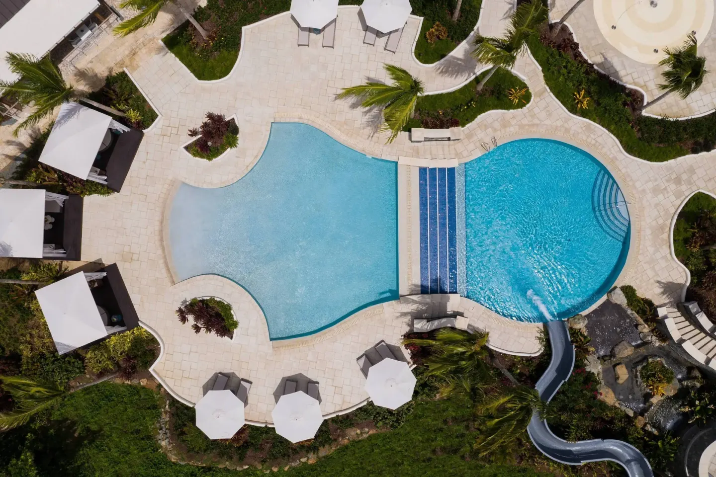 Aerial view of the resort pool and waterslide at The Ritz-Carlton, St. Thomas.