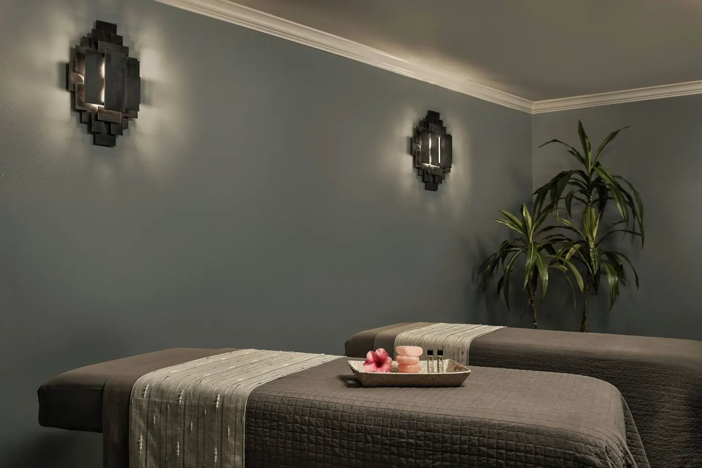 Couples spa treatment room with two massage tables at The Ritz-Carlton, St. Thomas.