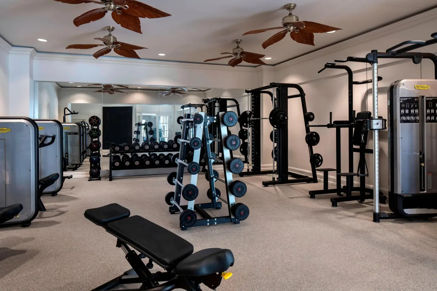 Fitness center with weight machines and dumbbells at The Ritz-Carlton, St. Thomas.