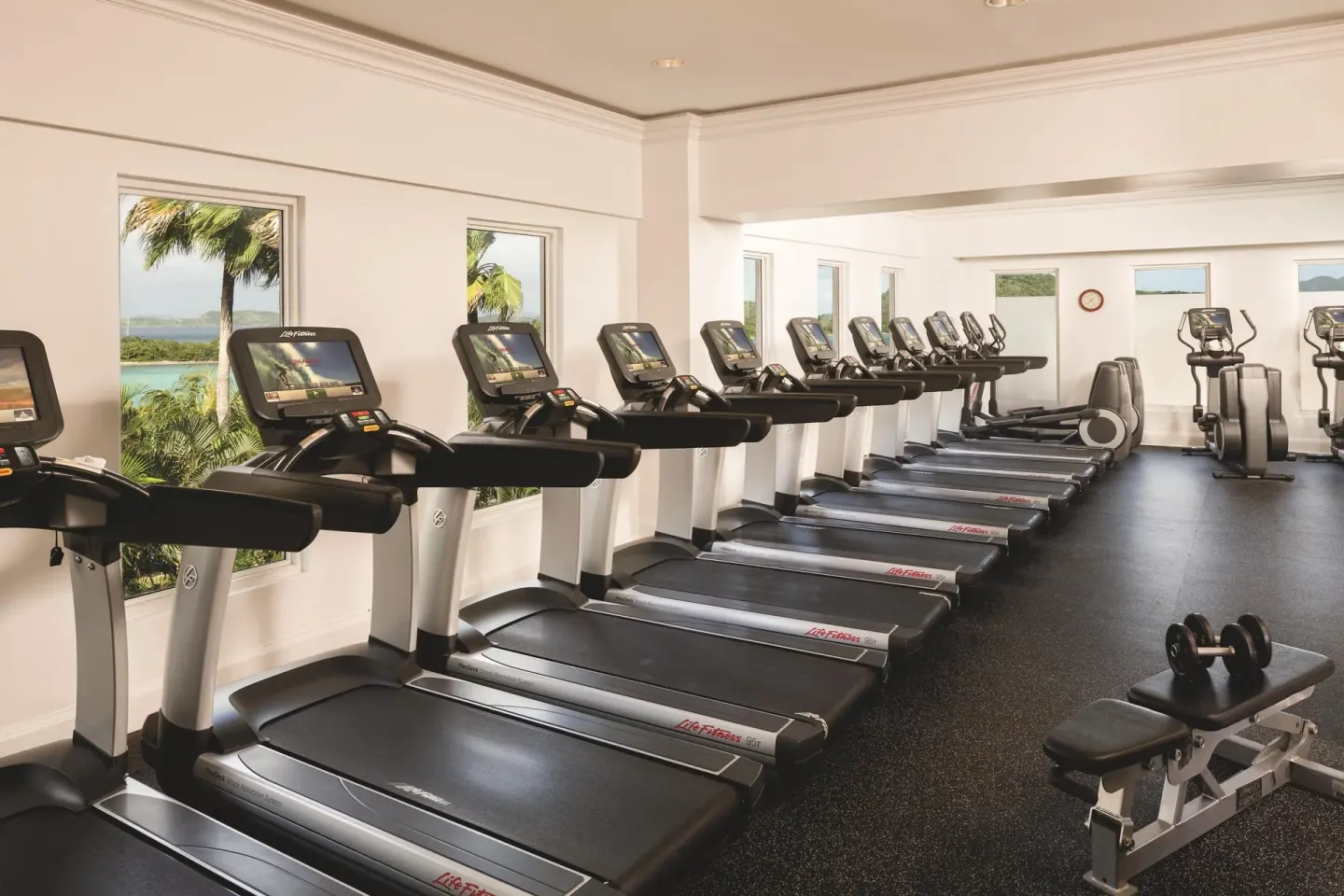 Fitness center with rows of treadmills and window views at The Ritz-Carlton, St. Thomas.