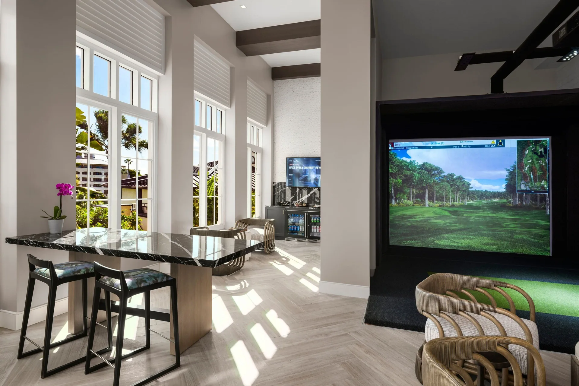 Indoor golf simulator lounge at The Ritz-Carlton, St. Thomas.