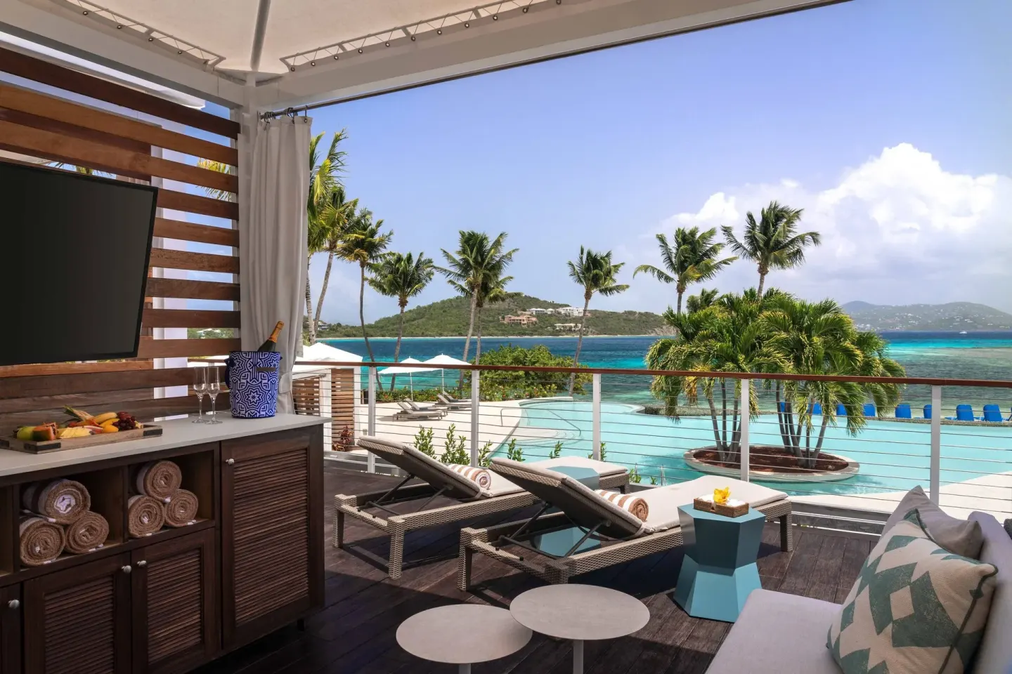 Poolside cabana terrace overlooks the sea at The Ritz-Carlton, St. Thomas.